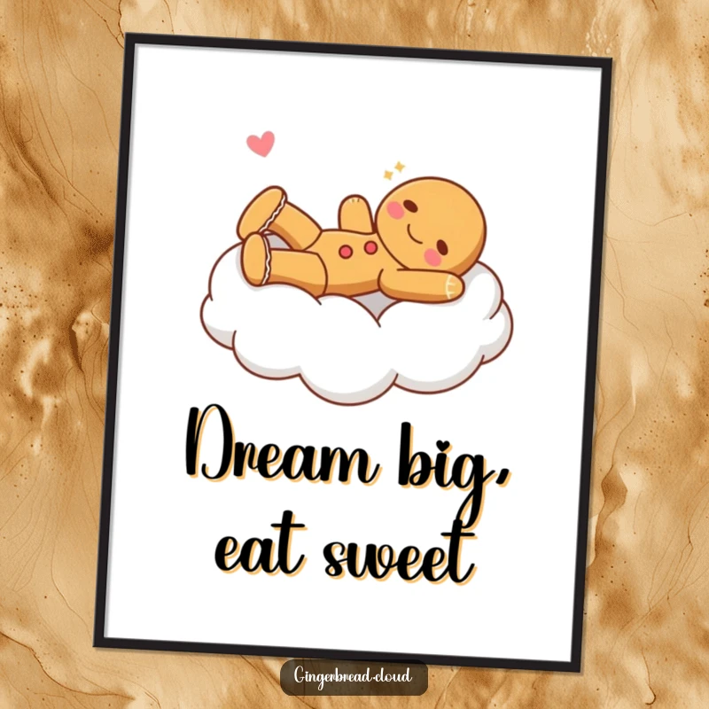 Funny Free Printable Wall Art: Gingerbread character stretching joyfully on a fluffy cloud bed, whimsical and relaxing downloadable art.
