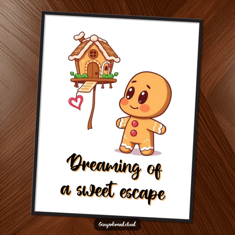 Whimsical Free Printable Wall Art: A gingerbread man with large, curious eyes looking up in amazement at a delightful gingerbread house floating gently in the air.