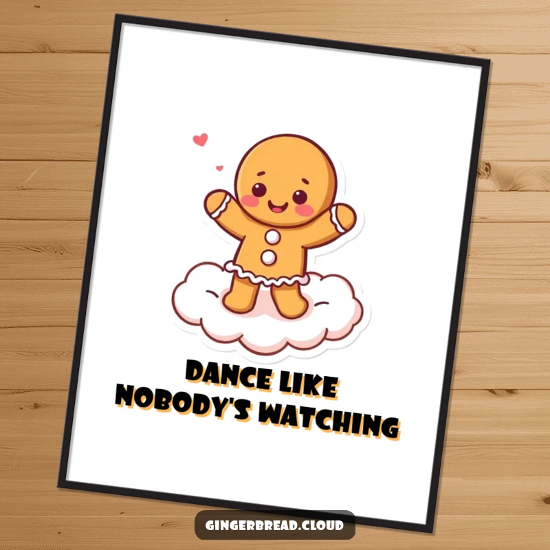 Funny Free Printable Wall Art: A gingerbread character in a silly dance on a fluffy cloud, bringing cheerful energy.