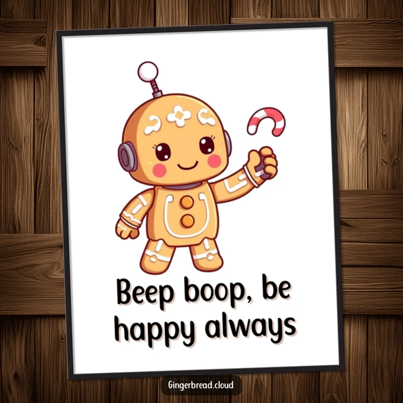 Funny Free Printable Wall Art: A happy gingerbread robot character joyfully waving its candy cane antenna, a delightful sight.