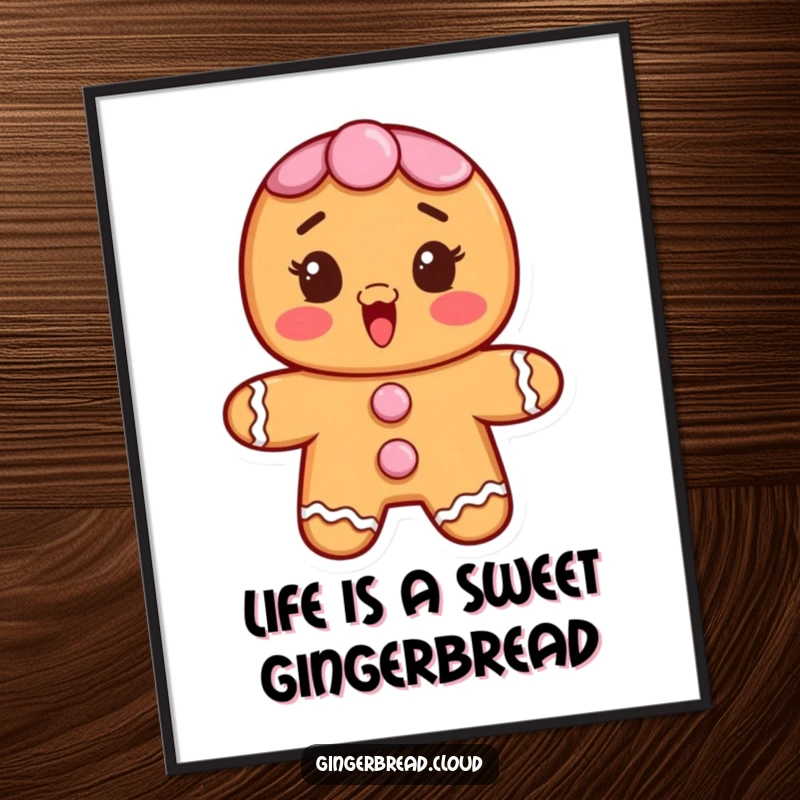 Funny free printable wall art of a gingerbread character with frosting buttons, looking surprised and delighted. A whimsical and sweet downloadable art.
