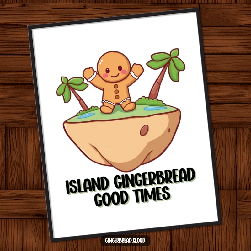 Funny free printable wall art of a gingerbread man cheerfully waving from a charming, whimsical floating island.
