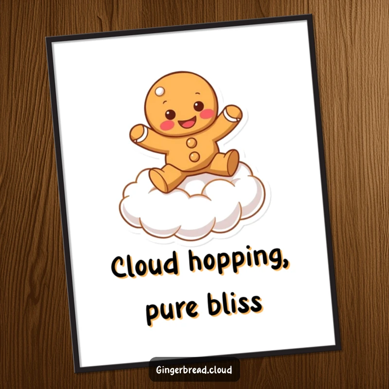 Funny Free Printable Wall Art: Gingerbread character bouncing happily on a bouncy cloud, energetic and fun downloadable art.