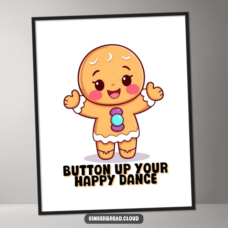 Funny Free Printable Wall Art of a jubilant gingerbread person with candy buttons caught mid-dance.