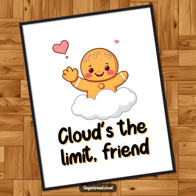 Funny Free Printable Wall Art: Gingerbread character waves goodbye while floating away on a cloud, a peaceful and whimsical downloadable art.