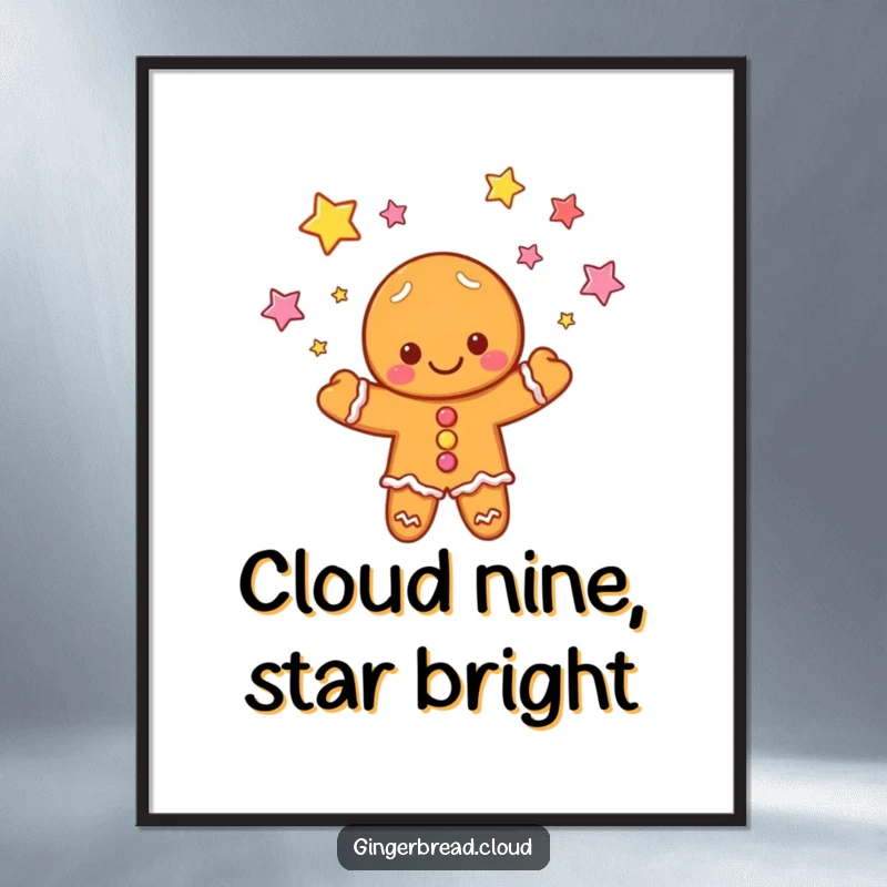 Funny Free Printable Wall Art of a cloud-shaped gingerbread person gleefully juggling bright candy stars.
