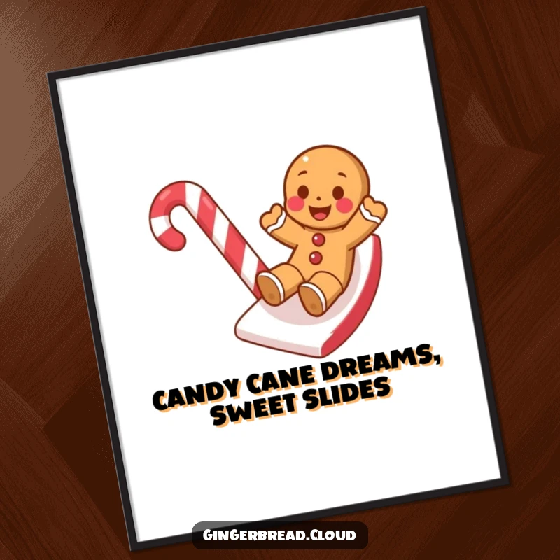 Funny Free Printable Wall Art: Gingerbread cookie gleefully sliding down a vibrant candy cane slide.