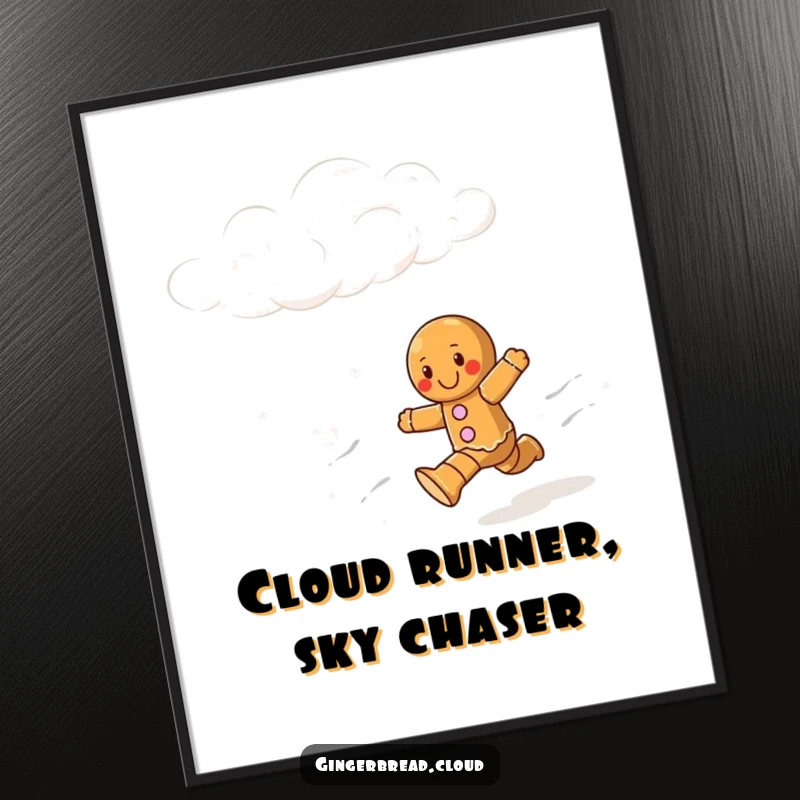 Funny free printable wall art showing a gingerbread man with a determined yet joyful expression running through a dreamlike cloudy sky.