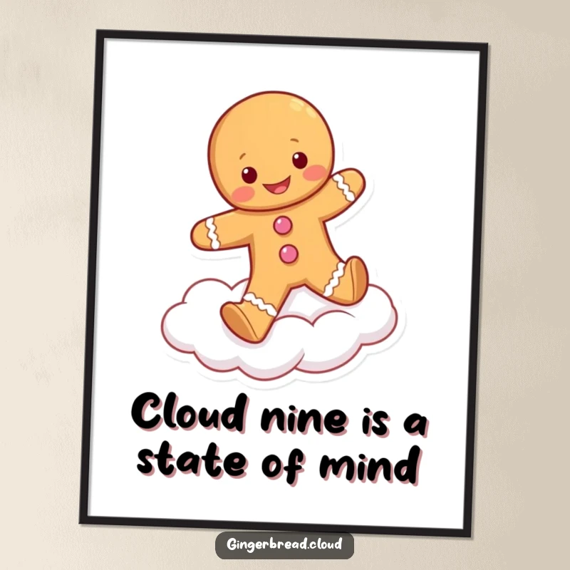 Funny Free Printable Wall Art: A fluffy gingerbread person happily skipping on a soft cloud, bringing joy to any room.