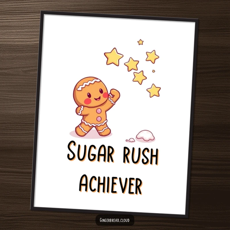 Funny Free Printable Wall Art of a gingerbread character reaching up to catch falling sugar stars.