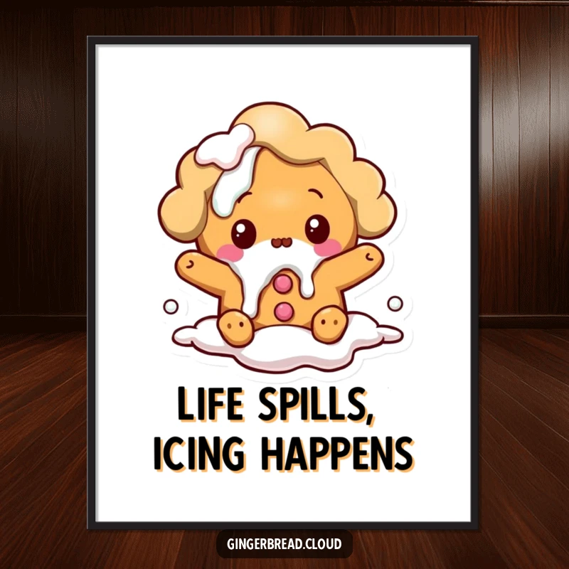 Funny Free Printable Wall Art showing a surprised cloud gingerbread person covered in a bit of spilled icing.