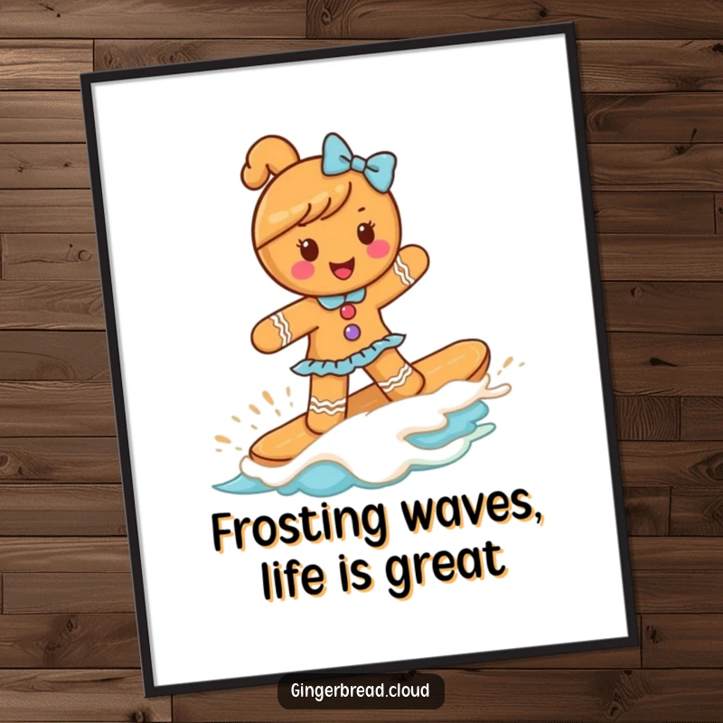 Funny Free Printable Wall Art: Gingerbread girl gleefully surfing a giant frosting wave, bringing sweet joy to decor.