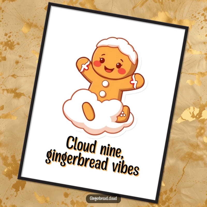 Funny Free Printable Wall Art: A smiling gingerbread man character with frosting playfully jumping on a fluffy cloud.