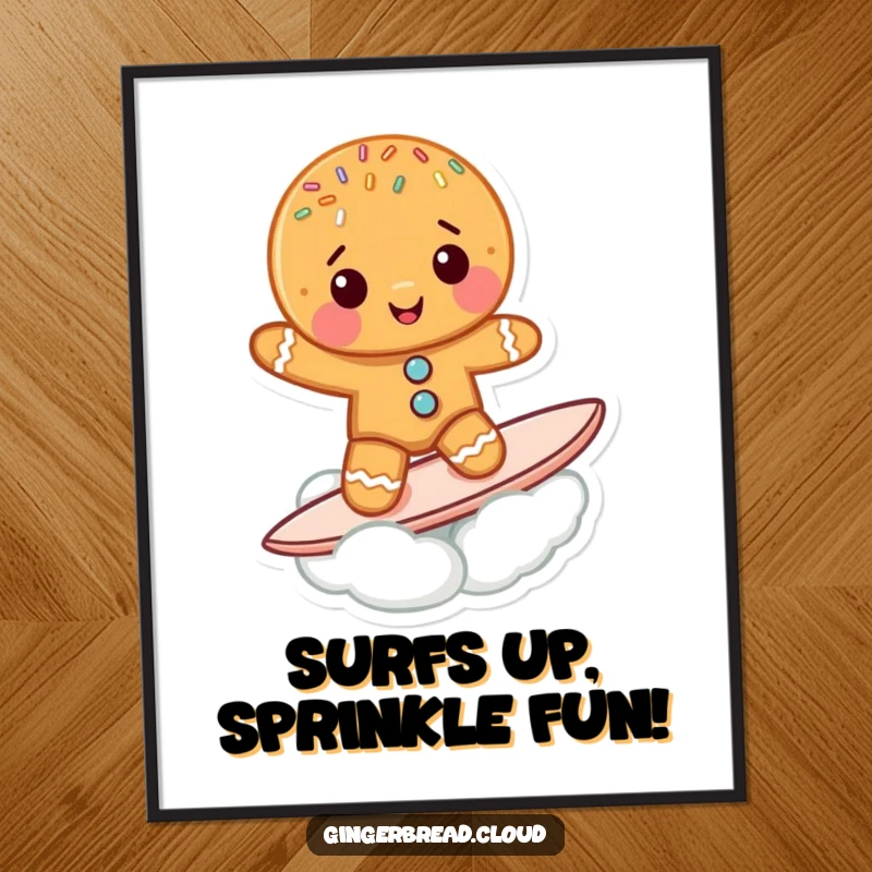 Funny Free Printable Wall Art: A cute gingerbread cookie character with sprinkles riding a cloud like a surfboard.