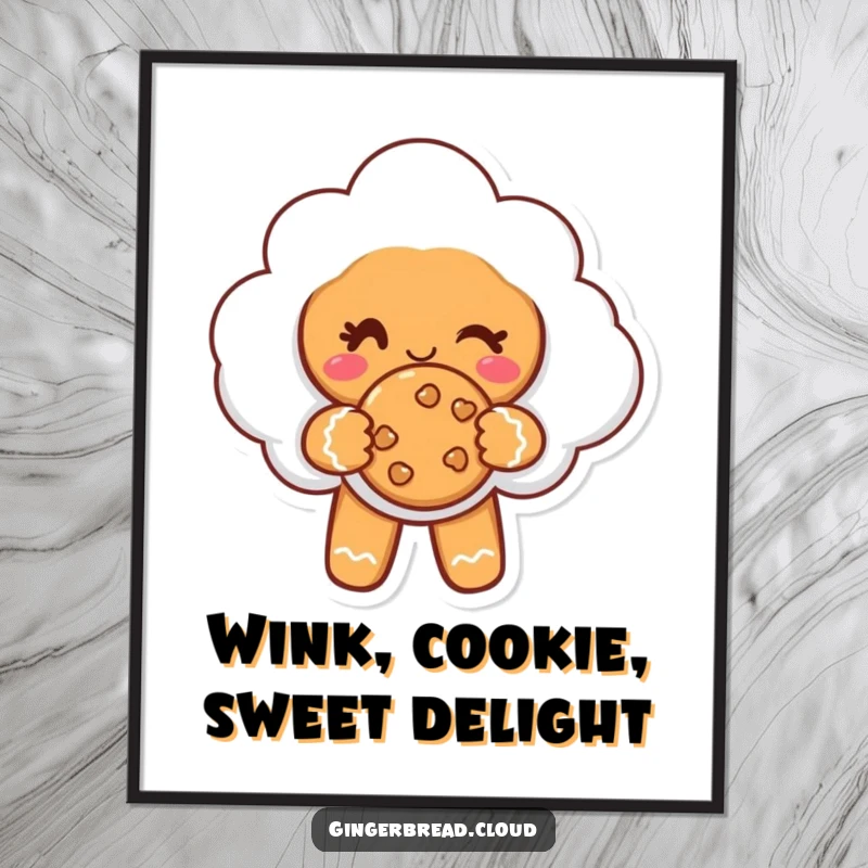 Funny Free Printable Wall Art: A mischievous gingerbread cloud character winks playfully while holding out a tempting cookie.