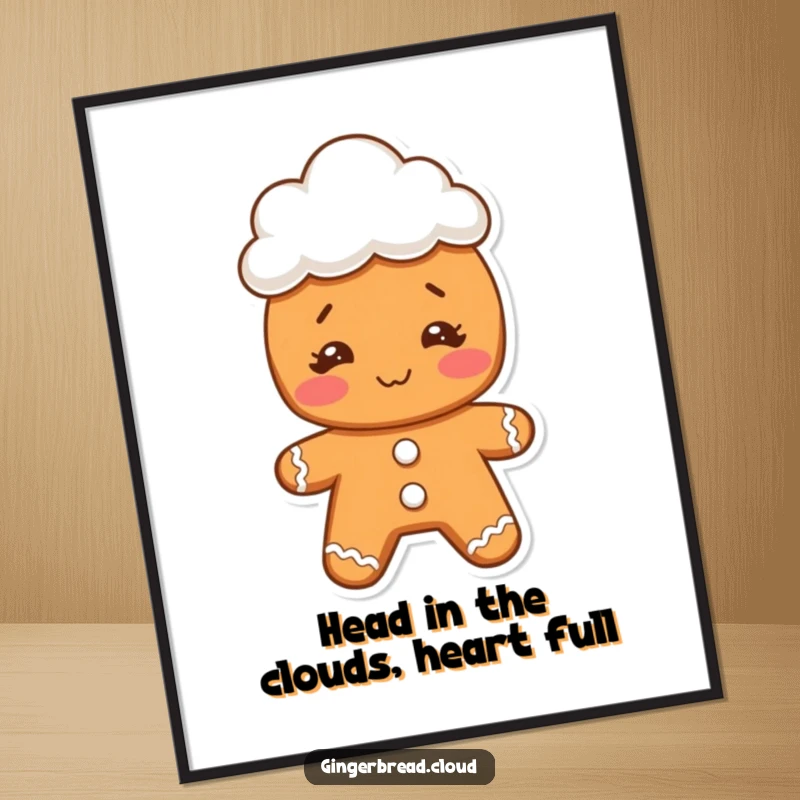 Funny Free Printable Wall Art: A gingerbread character making an amusing face while wearing a small, fluffy cloud hat, bringing quirky charm.