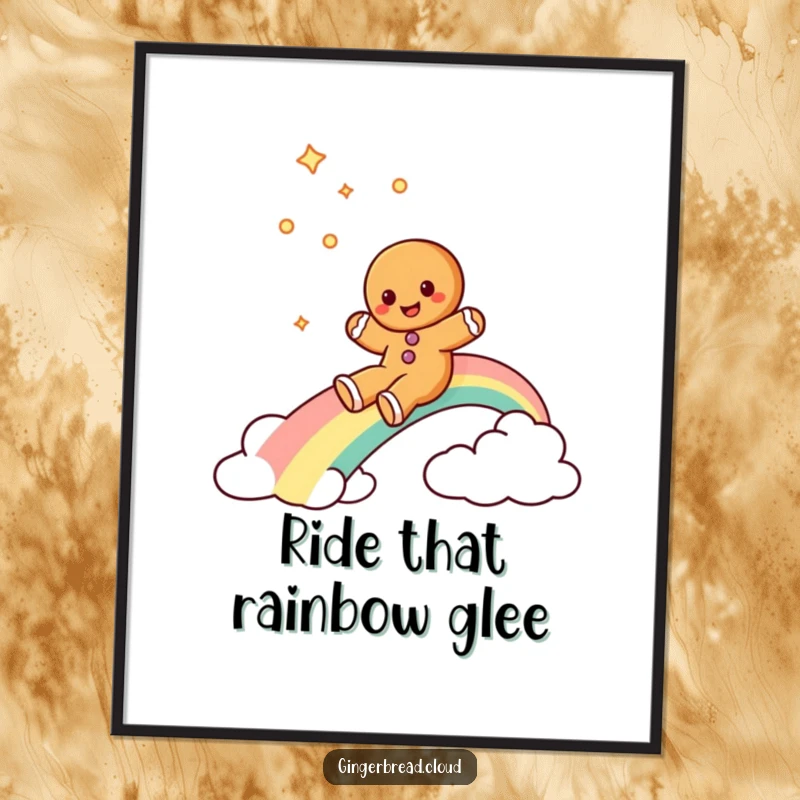 Funny Free Printable Wall Art depicting a gingerbread cookie character joyfully sliding down a bright rainbow, bringing a sense of fun.