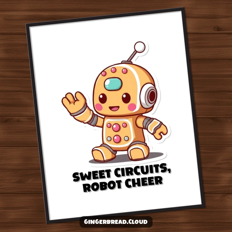 Funny Free Printable Wall Art: A friendly gingerbread robot character waves its sugary antenna invitingly.