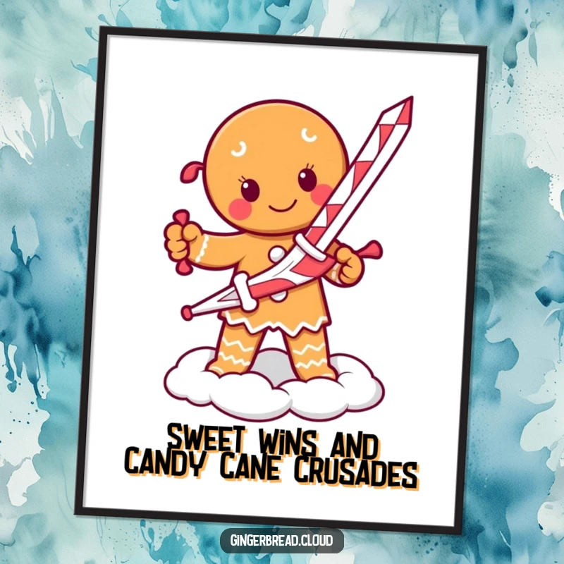 Funny free printable wall art: A determined gingerbread person with a candy cane sword stands proudly on a cloud, ready for adventure.