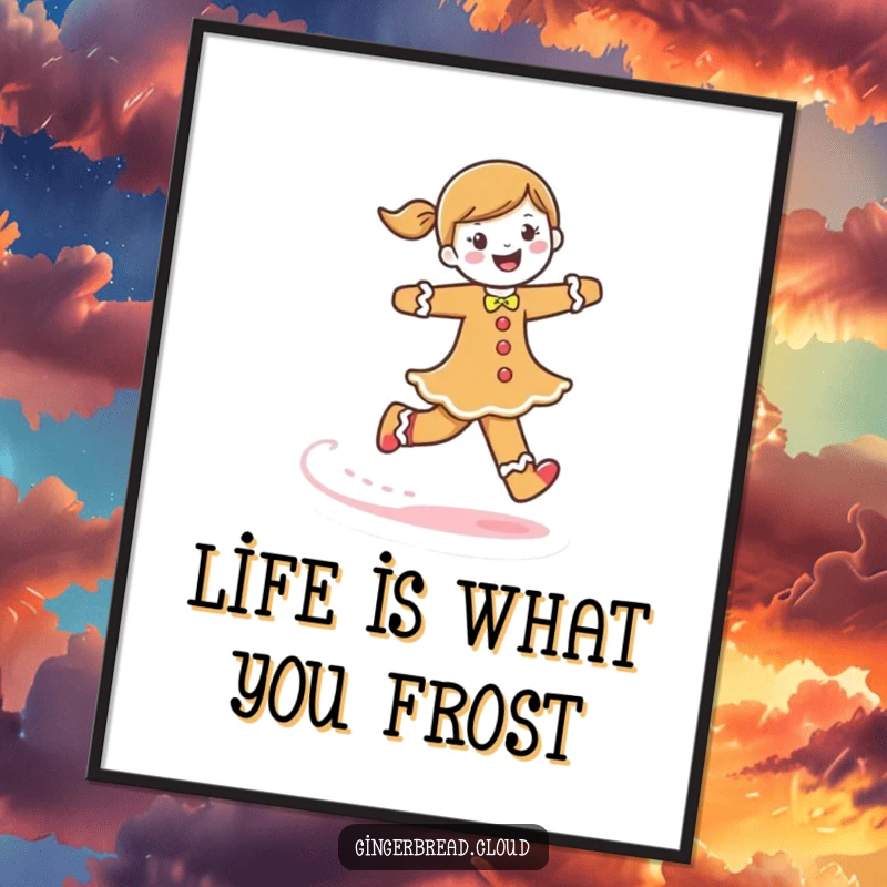 Funny Free Printable Wall Art of a gingerbread woman joyfully skipping, leaving a whimsical frosting trail behind her.