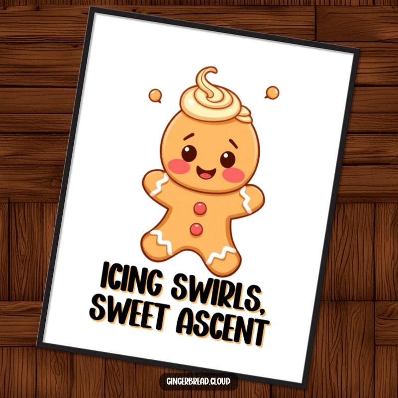 Funny Free Printable Wall Art: A happy gingerbread person adorned with icing swirls, blissfully floating upwards.