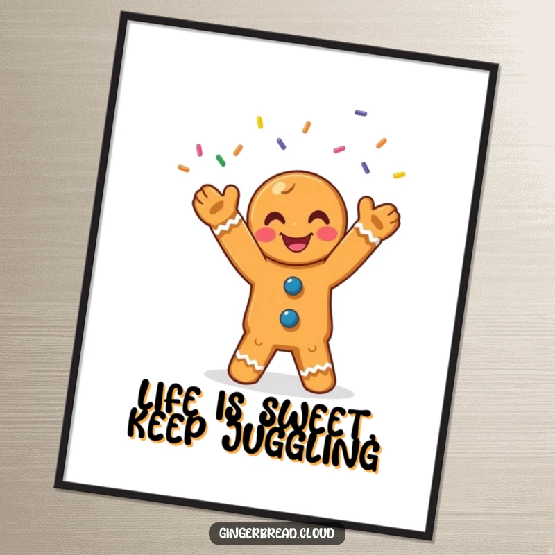 Funny Free Printable Wall Art: A smiling gingerbread man joyfully juggling three vibrant, colorful sprinkles, creating a lively scene.