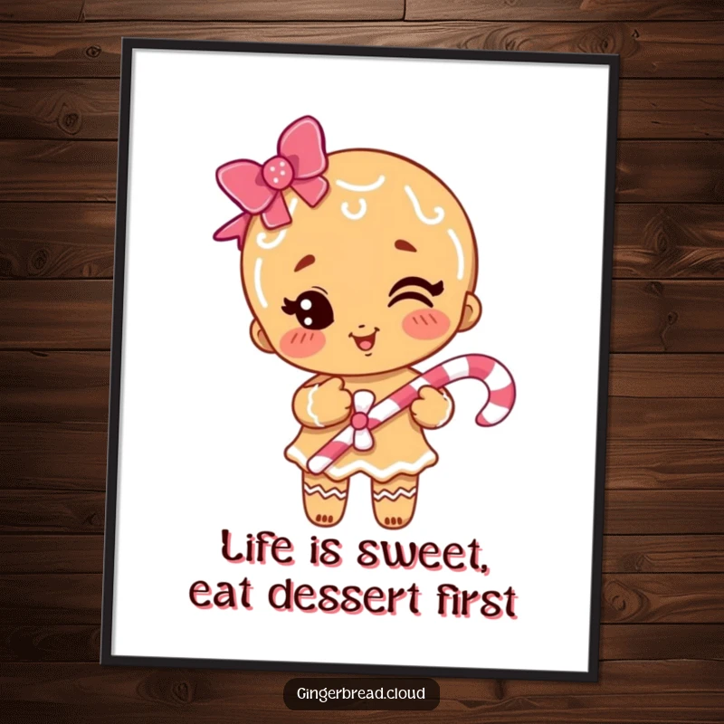 Funny Free Printable Wall Art of a gingerbread girl playfully winking while holding a candy cane, adding a sweet touch to decor.