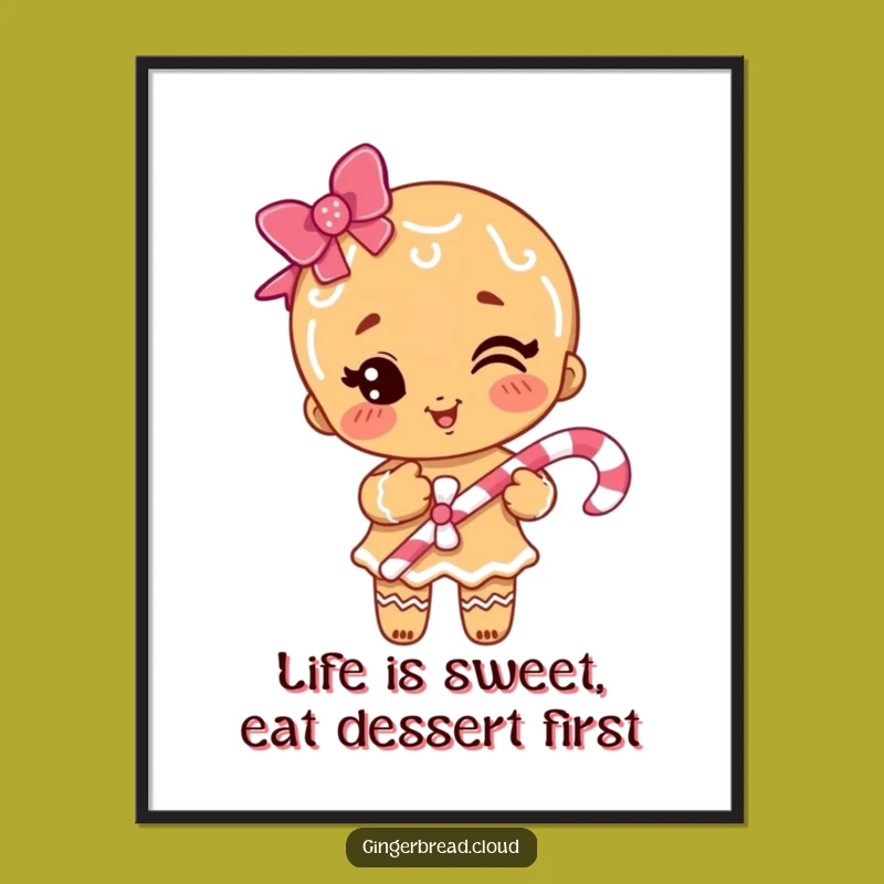 Funny Free Printable Wall Art: Winking Gingerbread Girl Candy Cane Downloadable Gift