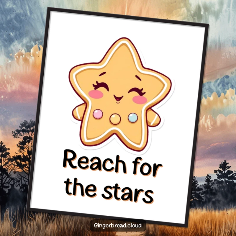 Funny Free Printable Wall Art of a charming gingerbread star winking, with candy buttons shining brightly.