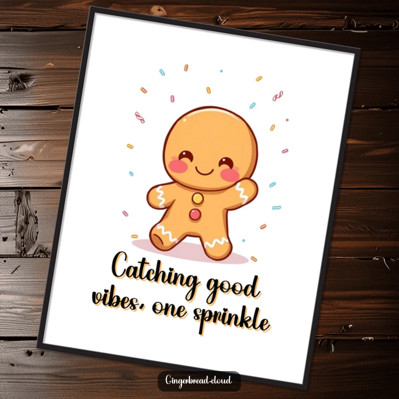 Funny Free Printable Wall Art: A smiling gingerbread person joyfully catching a cascade of tiny sprinkles.