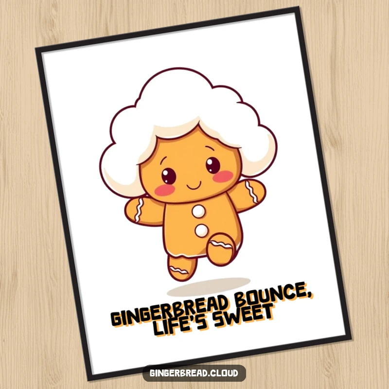 Funny Free Printable Wall Art: A gingerbread cloud character gleefully bouncing, radiating playful energy.