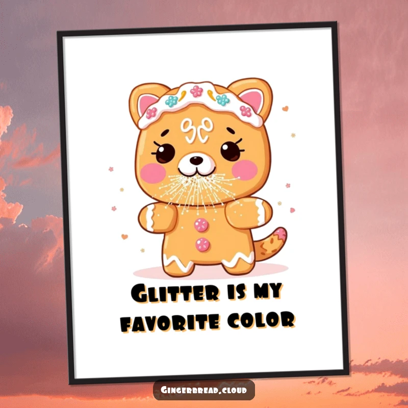 Funny Free Printable Wall Art: A cheerful gingerbread squirrel sneezes a cloud of sparkling edible glitter.