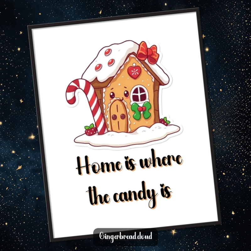 Funny Free Printable Wall Art showing a cute gingerbread house character playfully peeking from behind a giant candy cane.