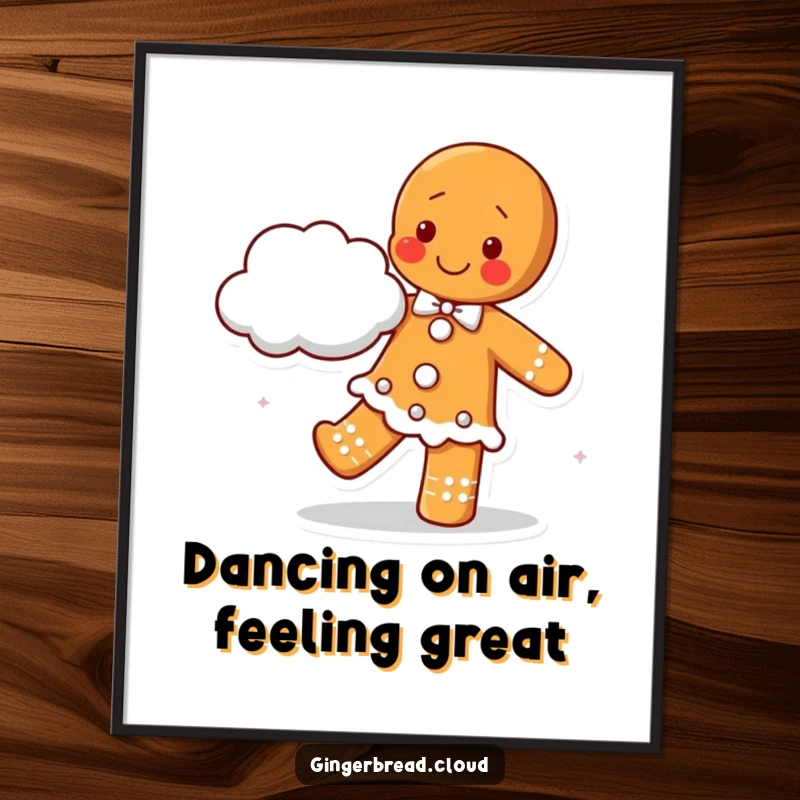 Joyful Free Printable Wall Art: A happy gingerbread character in a playful dance with a large, soft cloud partner, exuding pure delight.