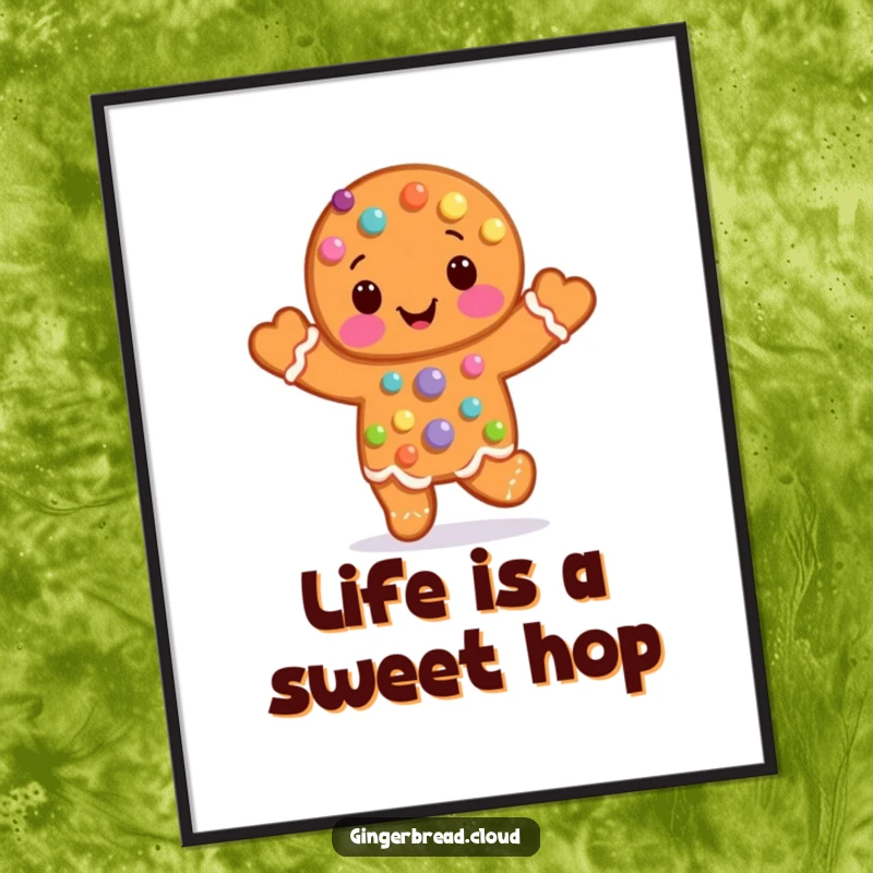 Free Printable wall art of a gingerbread man covered in candy dots, captured mid-hop with pure delight.