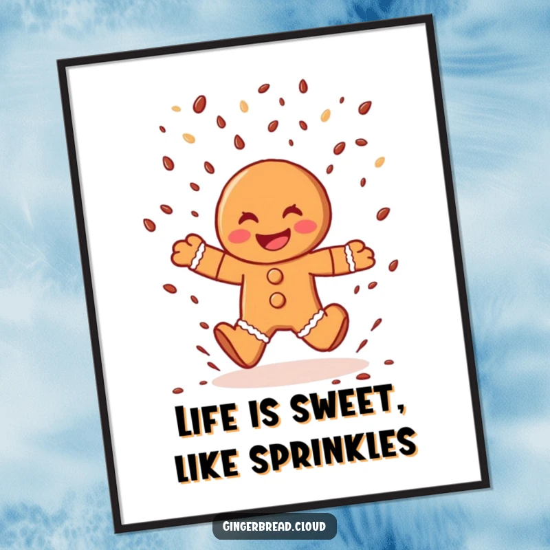 Funny Free Printable Wall Art depicting a joyful gingerbread man dancing in a rain of chocolate sprinkles.