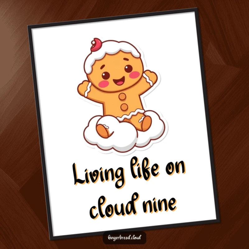 Whimsical Free Printable Wall Art: A smiling gingerbread man with frosting joyfully jumps in the air on a soft, fluffy cloud.