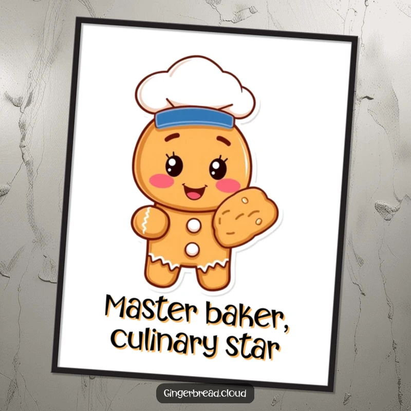 Funny Free Printable Wall Art of a gingerbread cookie chef wearing a hat, proudly displaying a perfectly baked pastry for laughs.
