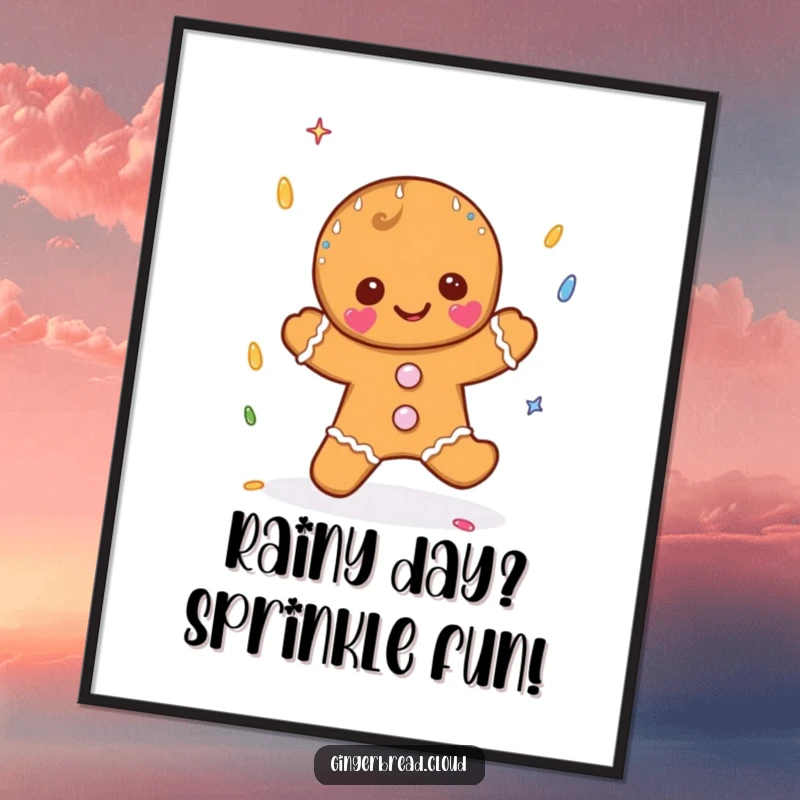 Funny Free Printable Wall Art showing a gingerbread character catching colorful sprinkles falling like rain.