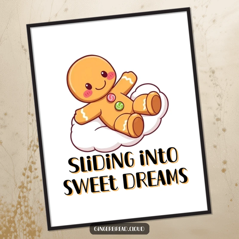 Funny Free Printable Wall Art: Smiling gingerbread man with candy buttons playfully sliding down a soft cloud, pure glee!