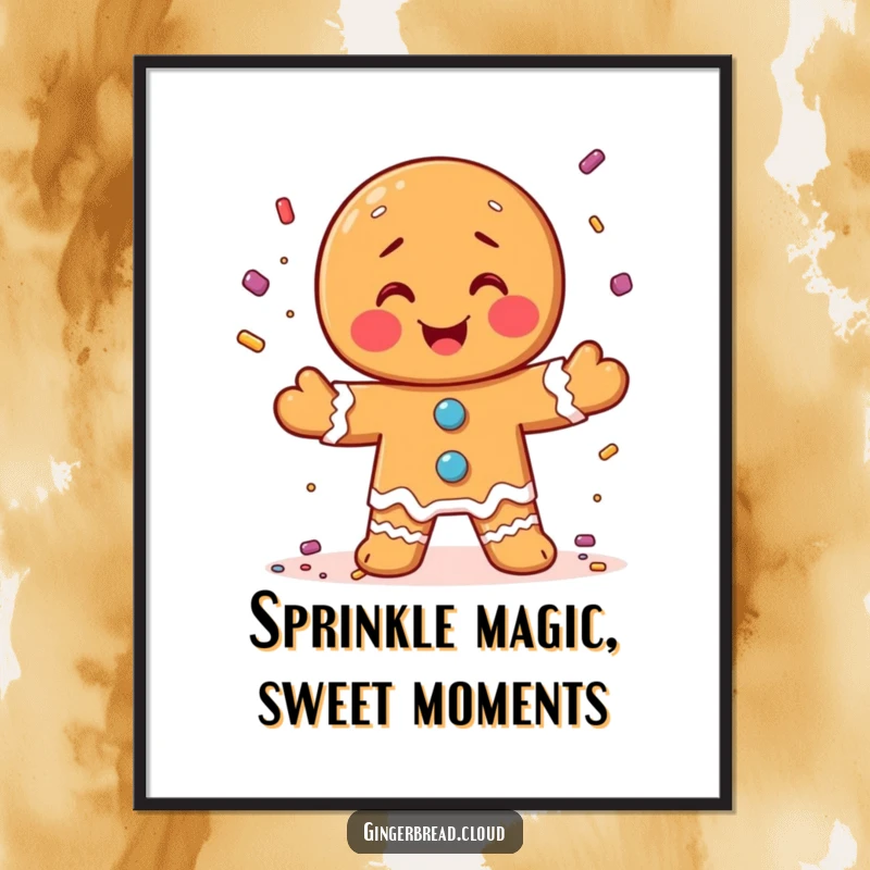 Funny Free Printable Wall Art: Gingerbread man joyfully juggling a cascade of colorful candy sprinkles in the air.