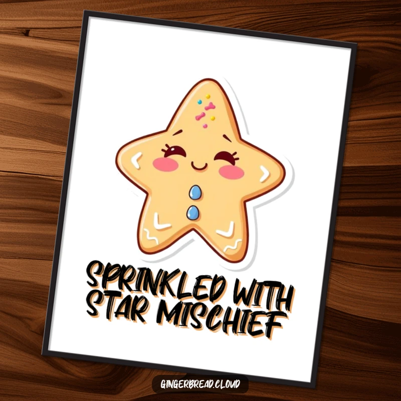 Funny Free Printable Wall Art: A gingerbread star character adorned with sprinkles gives a mischievous wink.