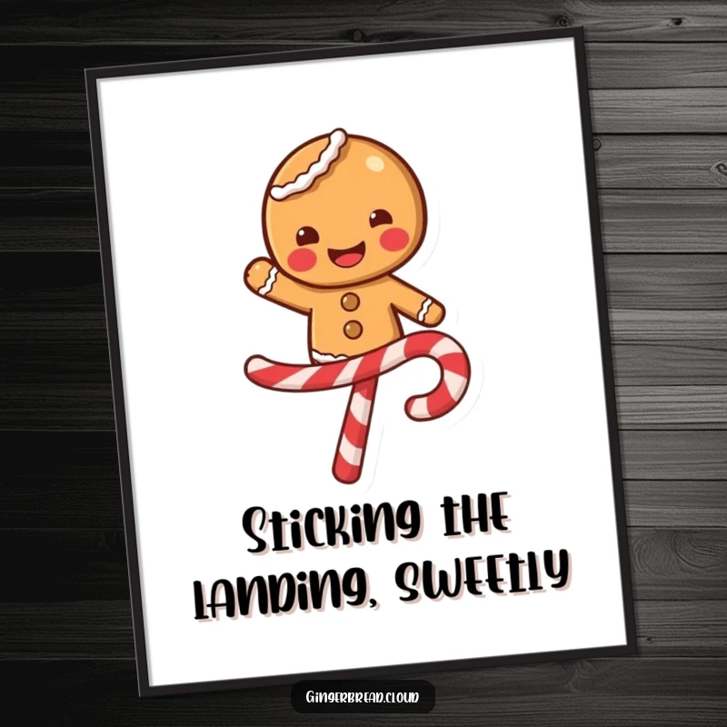 Funny Free Printable Wall Art of a smiling gingerbread character balancing perfectly on a swirling candy cane.
