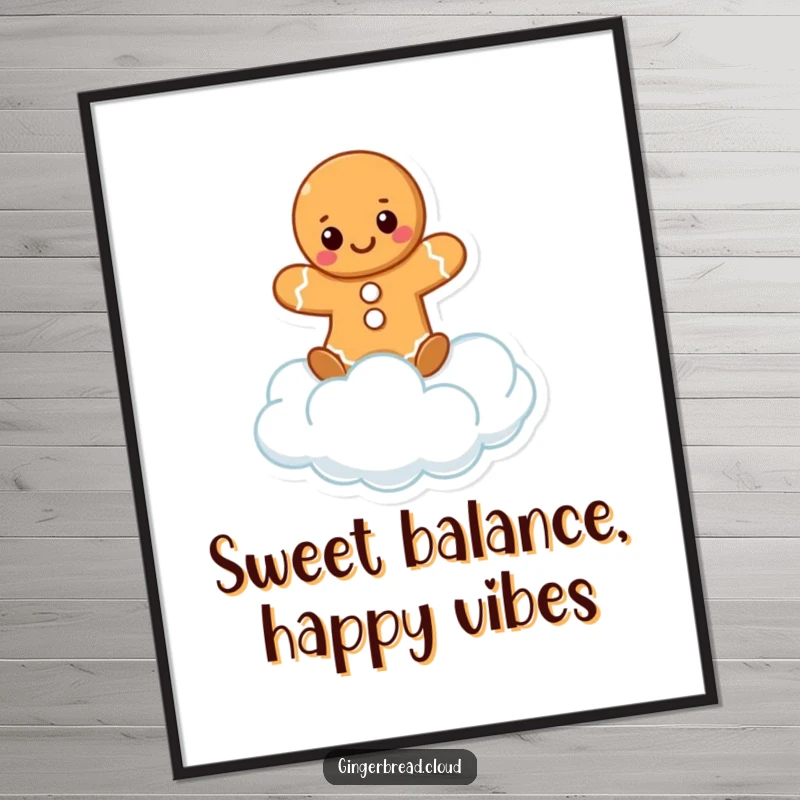 Funny Free Printable Wall Art: a gingerbread character in a delightful balancing act atop a soft cloud, radiating happiness.