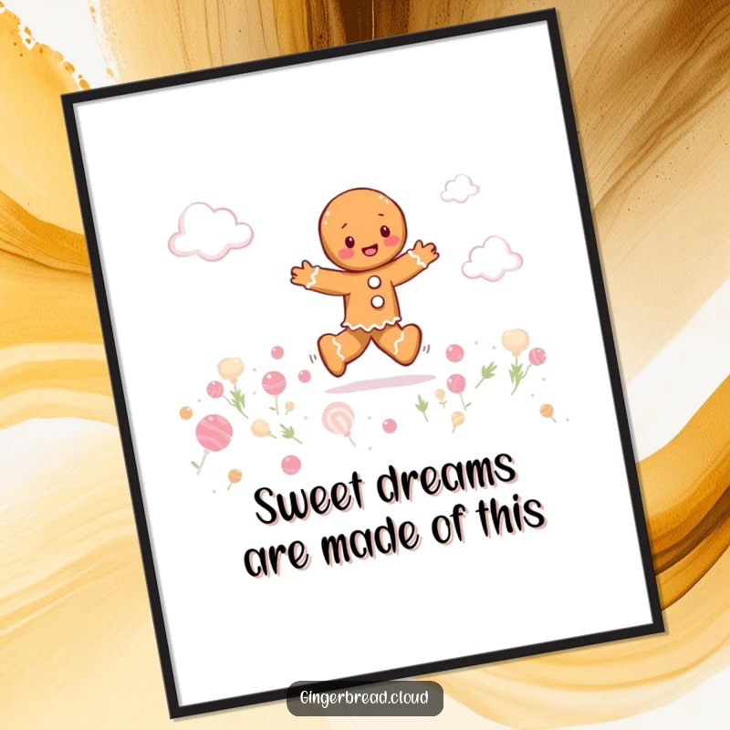 Funny Free Printable Wall Art of a gingerbread person joyfully skipping through a whimsical field of candy clouds.