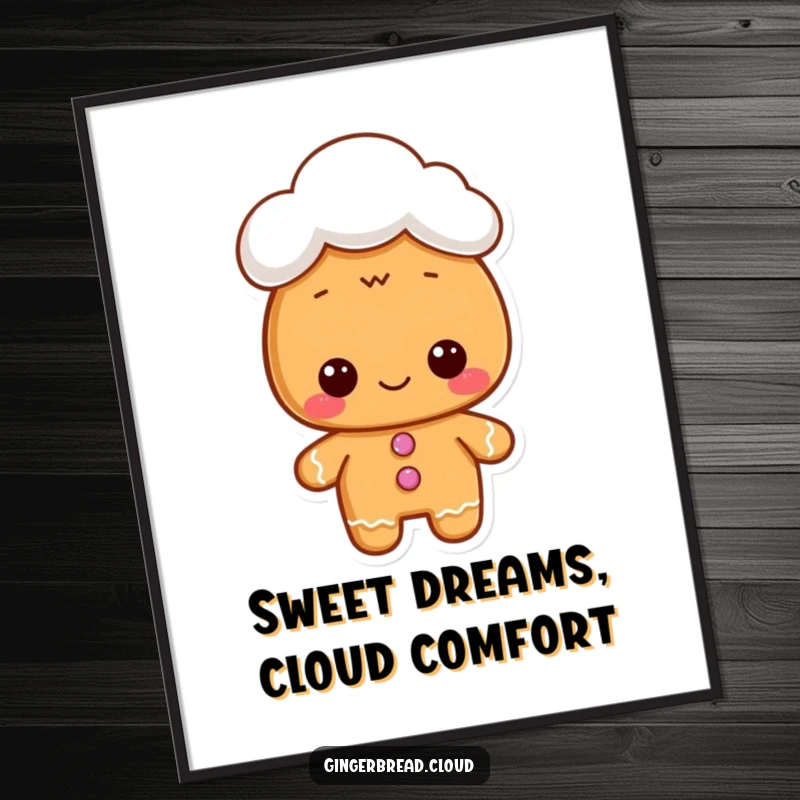 Funny Free Printable Wall Art: Gingerbread character wearing a tiny cloud hat, adding a whimsical touch to decor.