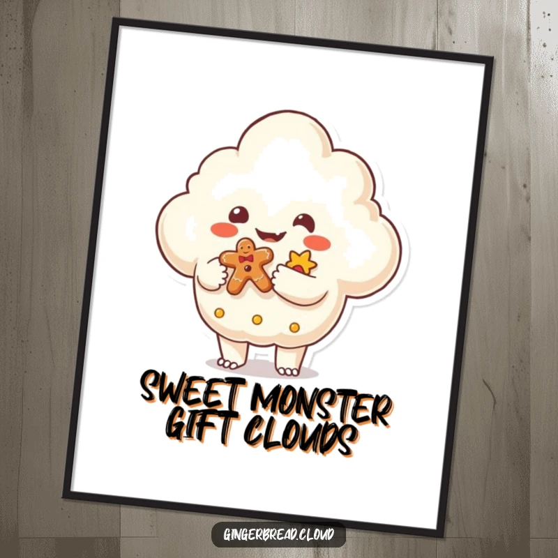 Funny free printable wall art of a friendly monster-shaped cloud extending a gingerbread cookie gift like a friendly offering.