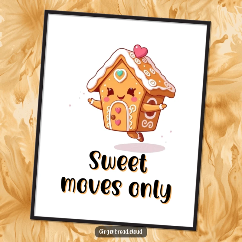 Free Printable Wall Art: A joyful gingerbread house character with icing swirls dancing merrily in the sky.