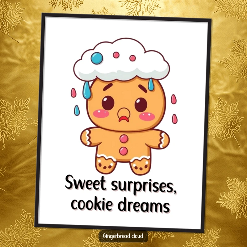 Funny Free Printable Wall Art: A gingerbread cookie with a surprised expression watches a cloud shower down colorful candy, creating a whimsical scene.
