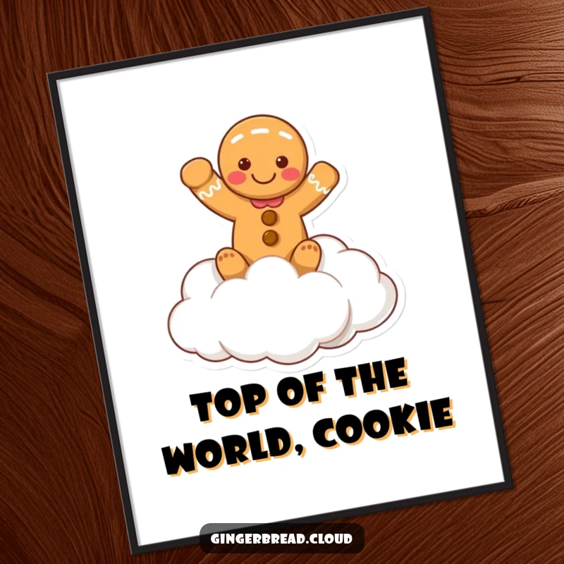 Funny Free Printable Wall Art: A gingerbread person perched on a fluffy cloud, waving cheerfully, adding joy to the space.